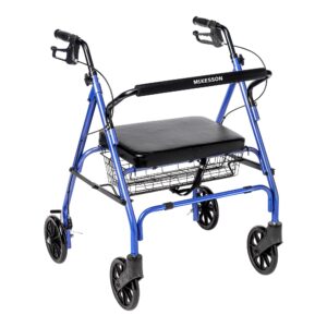 McKesson Blue Bariatric 4 Wheel Rollator Adjustable Height / Folding Steel Frame, 500 lbs. Weight Capacity